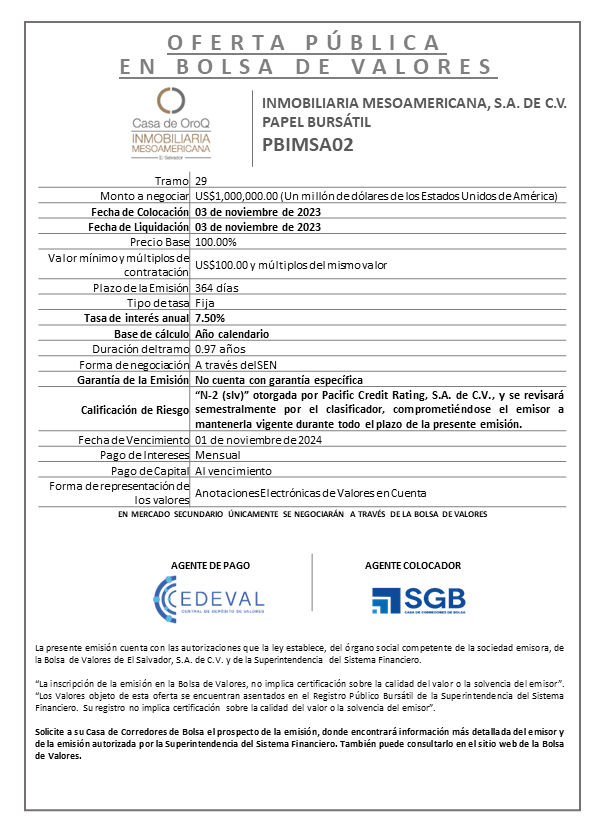 AVISO COLOCACION PBIMSA02 T 29