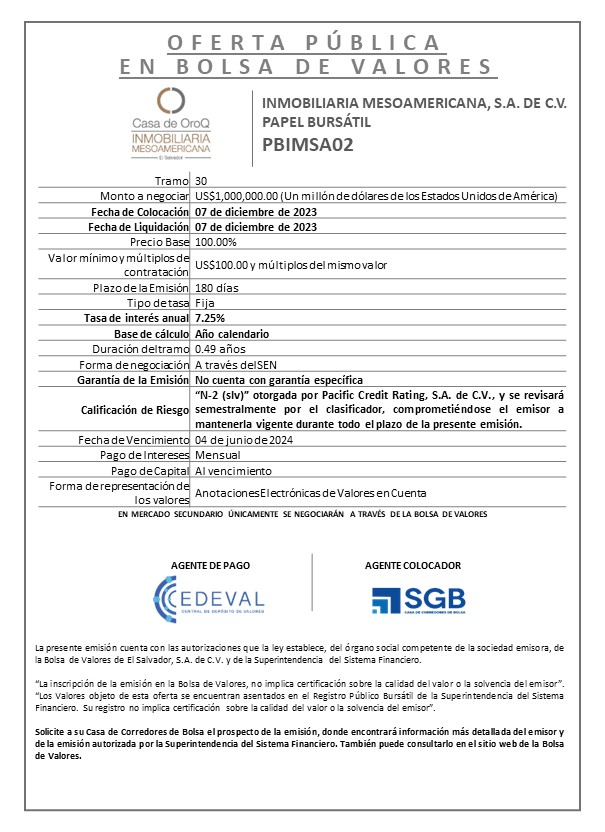 AVISO COLOCACION PBIMSA02 T 30