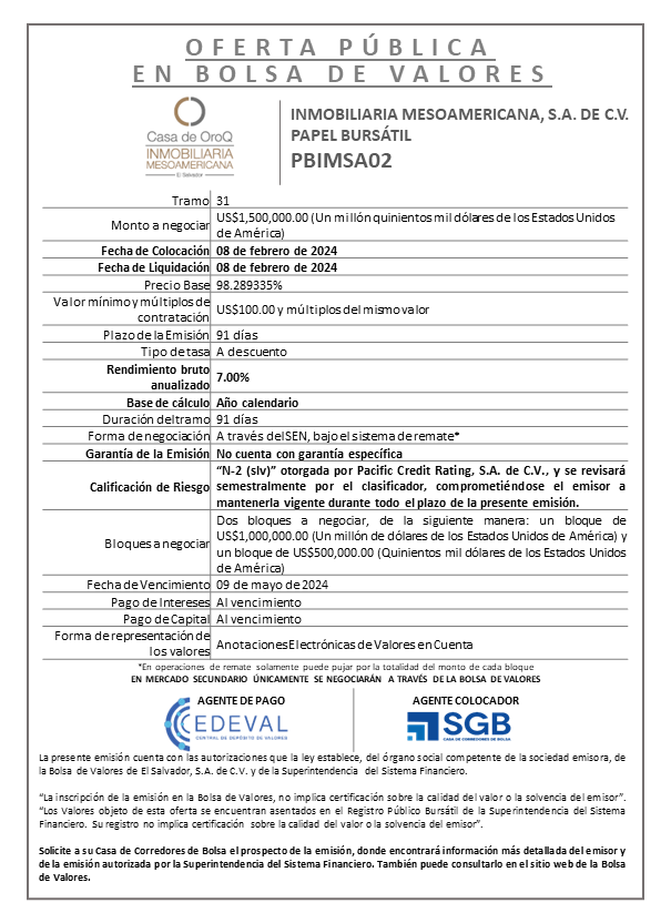 AVISO COLOCACION PBIMSA02 T 31