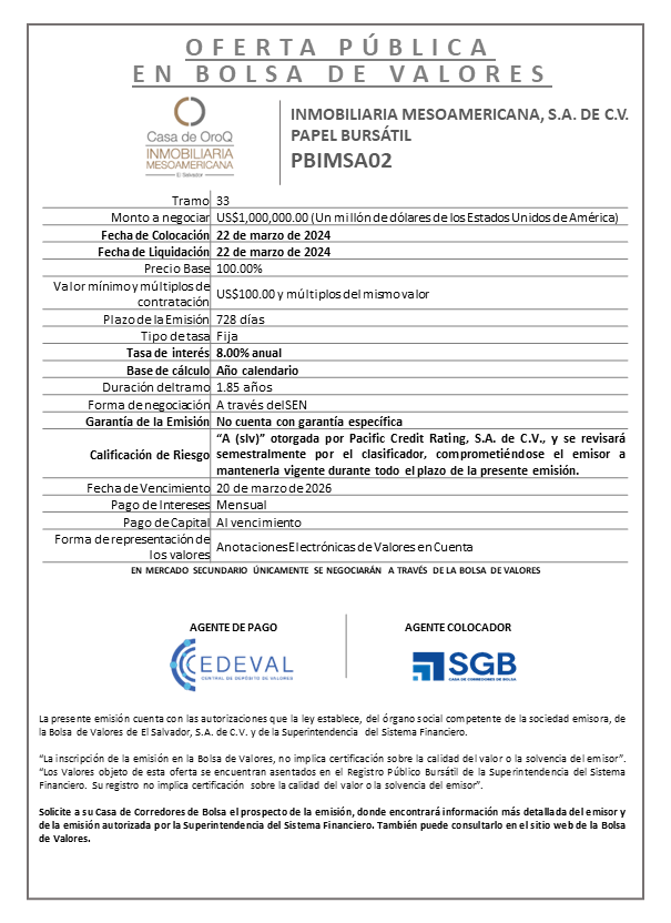AVISO COLOCACION PBIMSA02 T 33