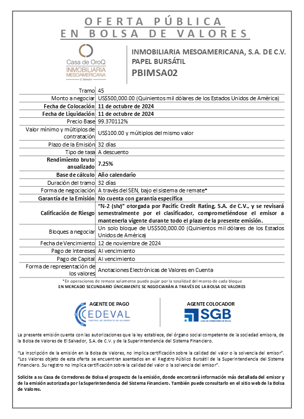 AVISO COLOCACION PBIMSA02 T 45