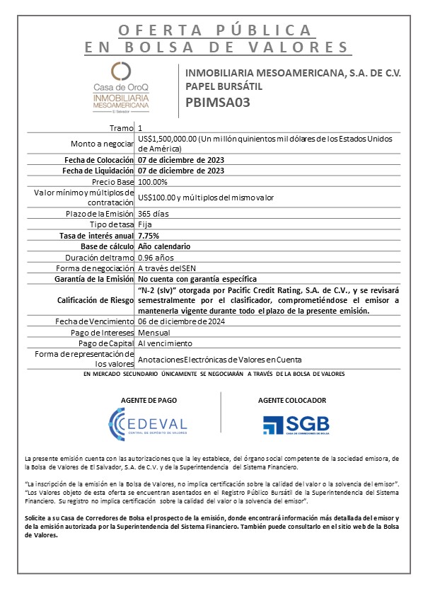 AVISO COLOCACION PBIMSA03 T 1