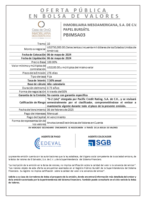 AVISO COLOCACION PBIMSA03 T 10