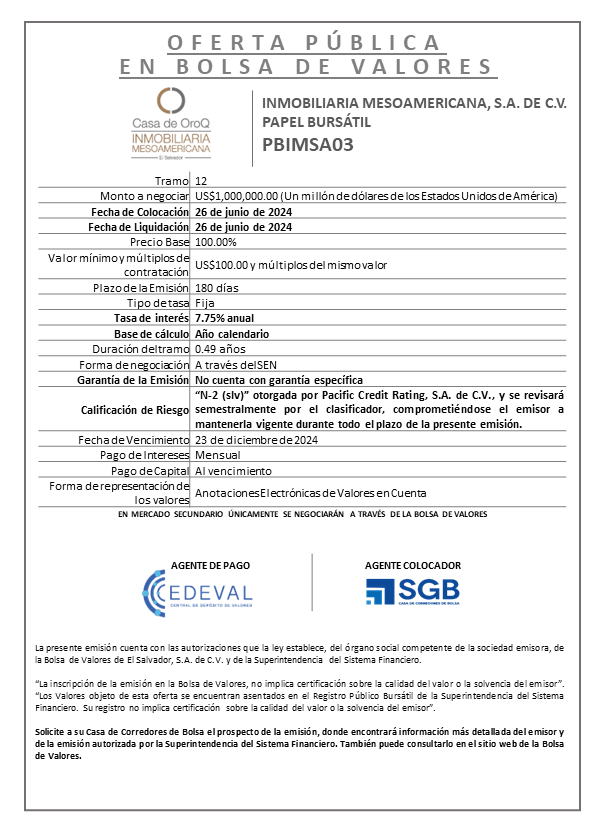 AVISO COLOCACION PBIMSA03 T 12
