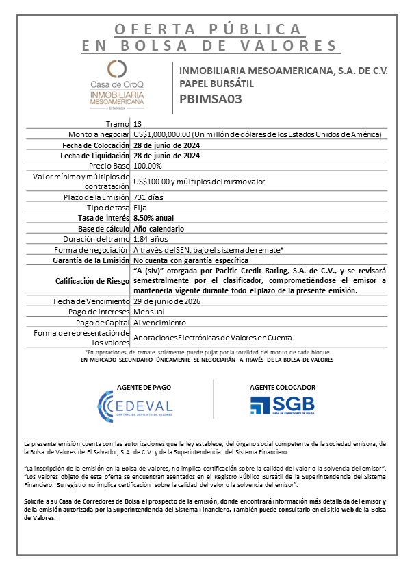 AVISO COLOCACION PBIMSA03 T 13