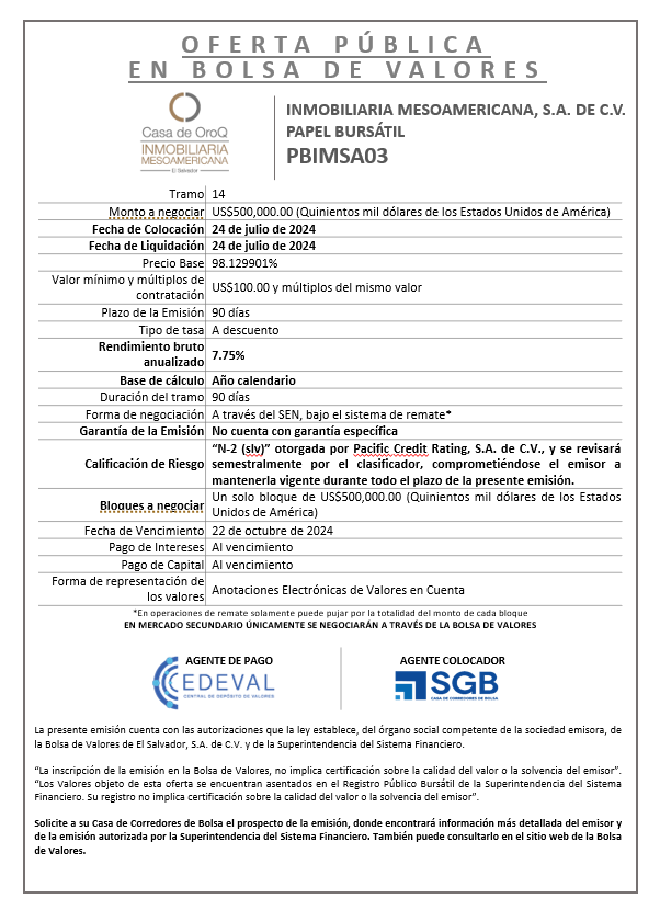 AVISO COLOCACION PBIMSA03 T 14