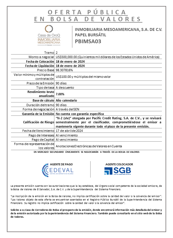 AVISO COLOCACION PBIMSA03 T 2