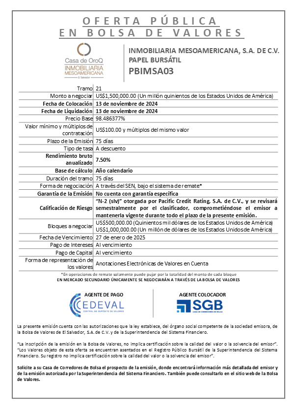 AVISO COLOCACION PBIMSA03 T 21