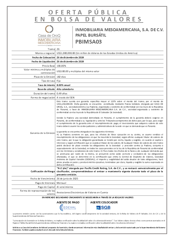 AVISO COLOCACION PBIMSA03 T 26