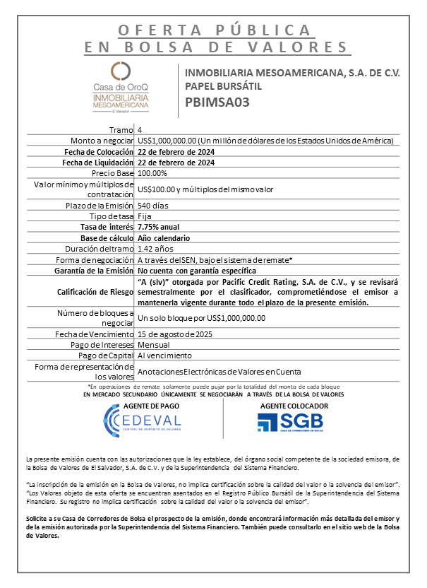 AVISO COLOCACION PBIMSA03 T 4