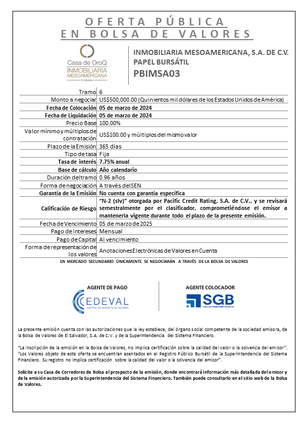 AVISO COLOCACION PBIMSA03 T 6