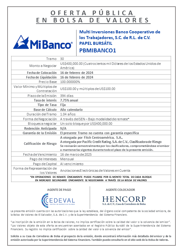 AVISO COLOCACION PBMIBANCO1 T 30