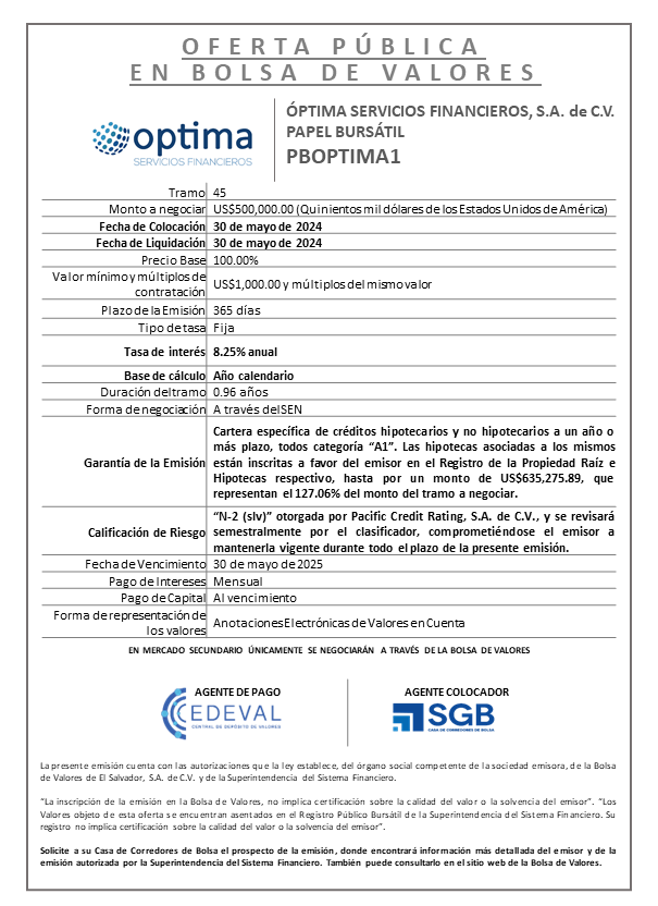 AVISO COLOCACION PBOPTIMA1 T 45