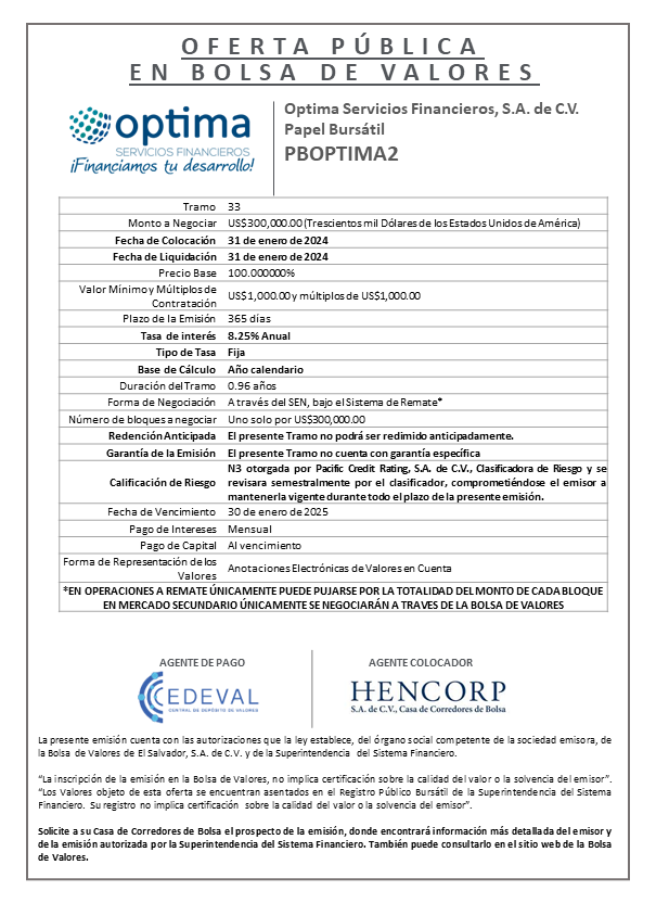 AVISO COLOCACION PBOPTIMA2 T 33