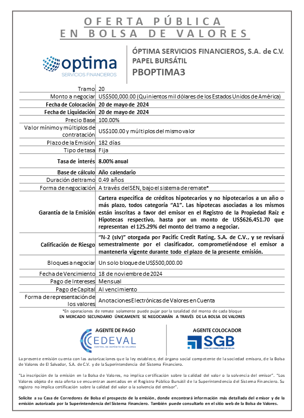 AVISO COLOCACION PBOPTIMA3 T 20