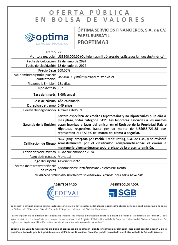 AVISO COLOCACION PBOPTIMA3 T 22