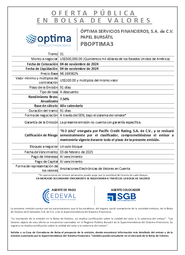AVISO COLOCACION PBOPTIMA3 T 31