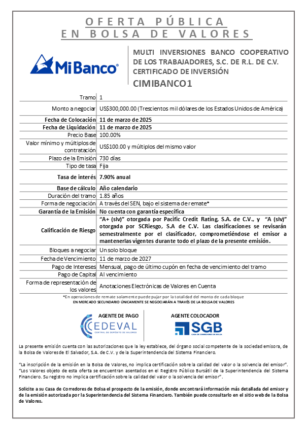 AVISO COLOCACION CIMIBANCO1 T 1