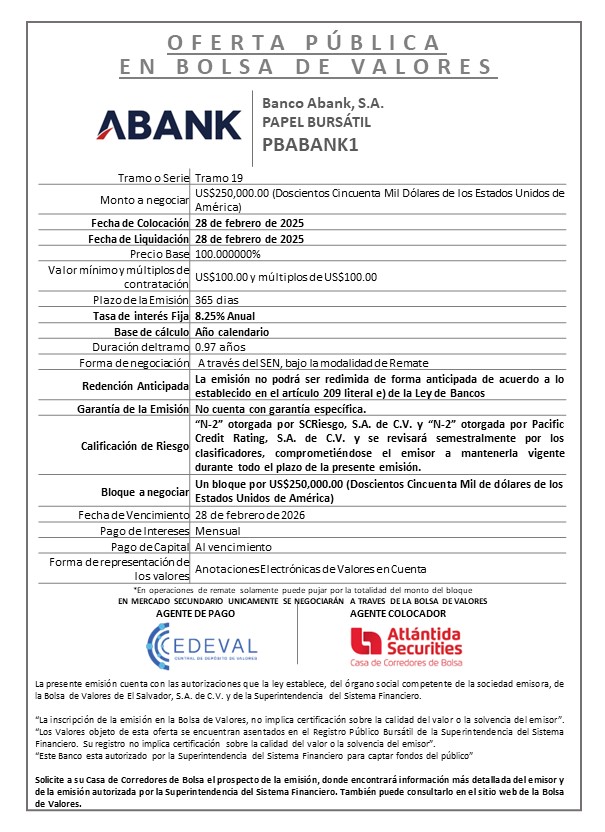 AVISO COLOCACION PBABANK T 19