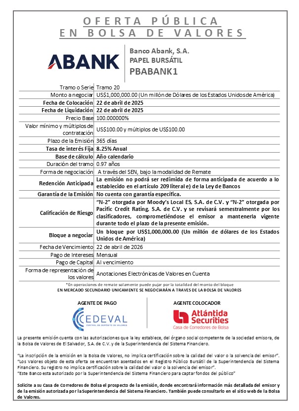 AVISO COLOCACION PBABANK T 20