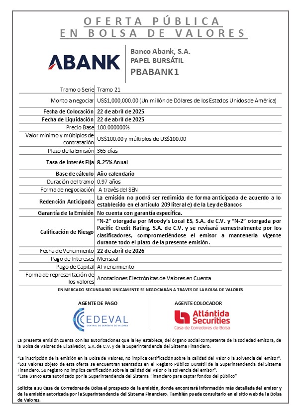 AVISO COLOCACION PBABANK T 21