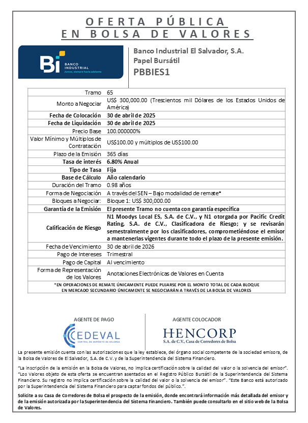 AVISO COLOCACION PBBIES1 T 65