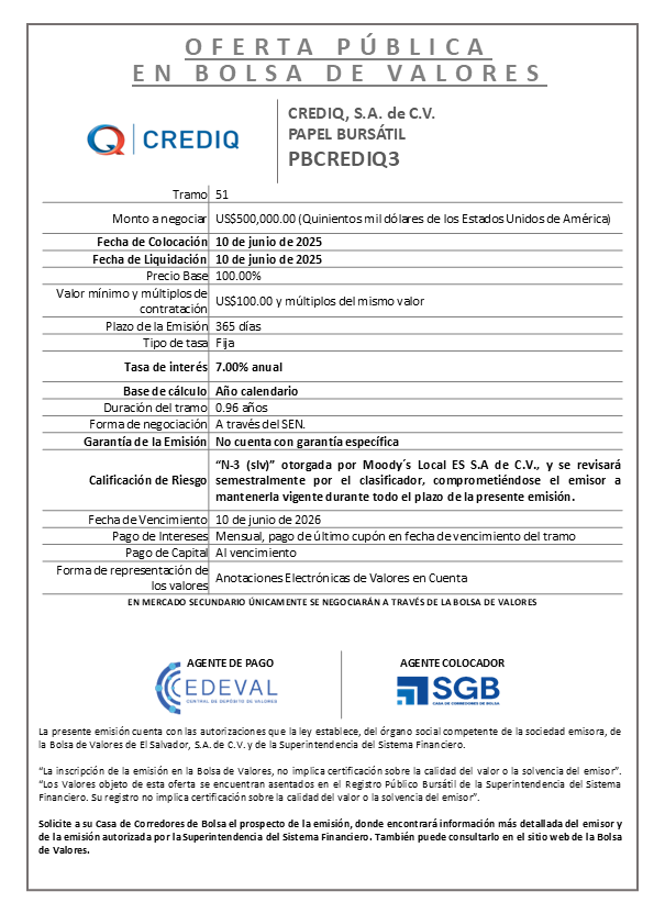 AVISO COLOCACION PBCREDIQ3 T 51