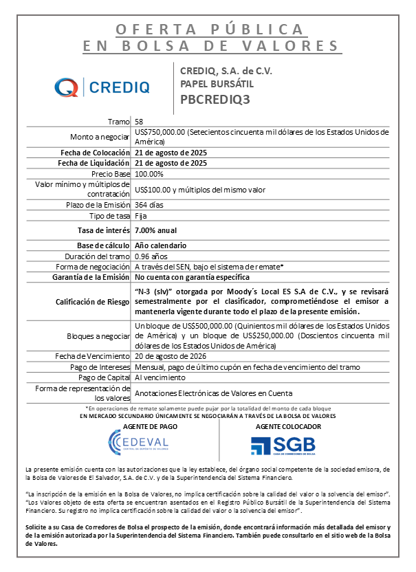AVISO COLOCACION PBCREDIQ3 T 58
