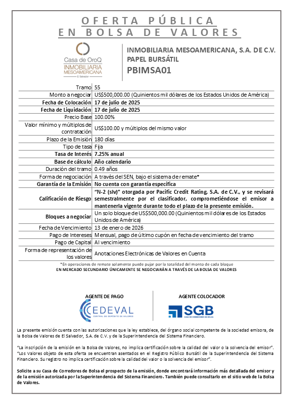 AVISO COLOCACION PBIMSA01 T 55