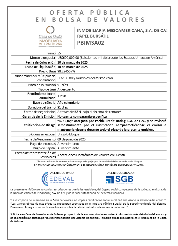 AVISO COLOCACION PBIMSA02 T 55