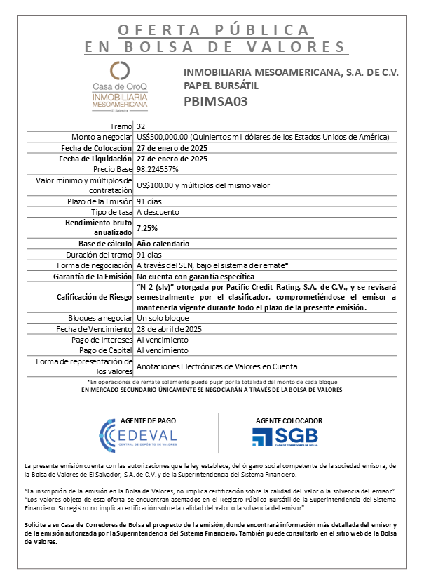 AVISO COLOCACION PBIMSA03 T 32
