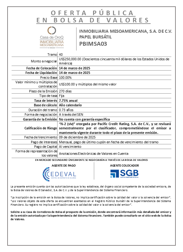 AVISO COLOCACION PBIMSA03 T 40