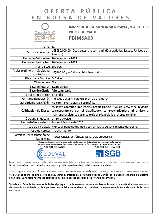 AVISO COLOCACION PBIMSA03 T 51