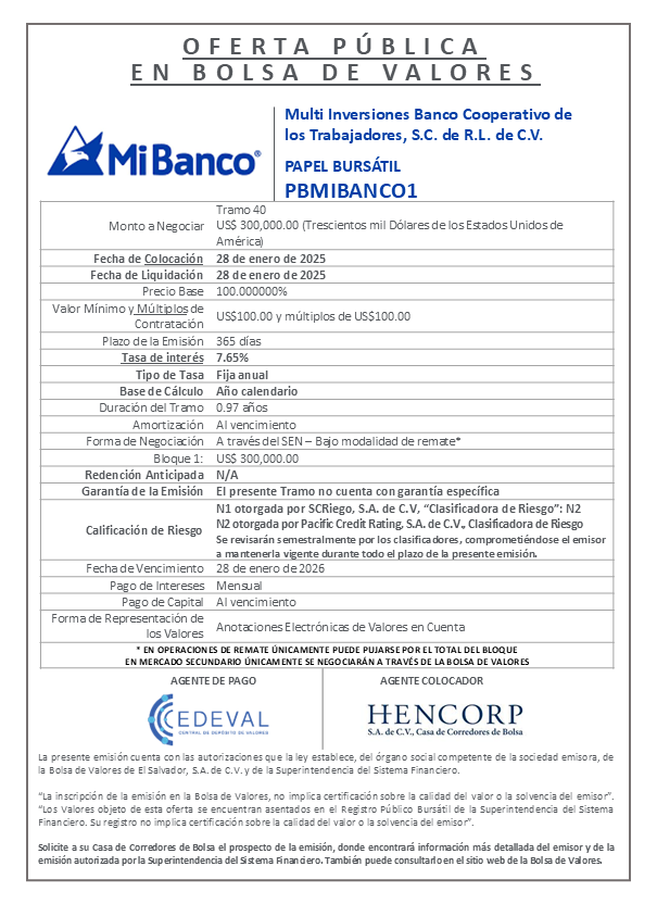 AVISO COLOCACION PBMIBANCO01 T 40