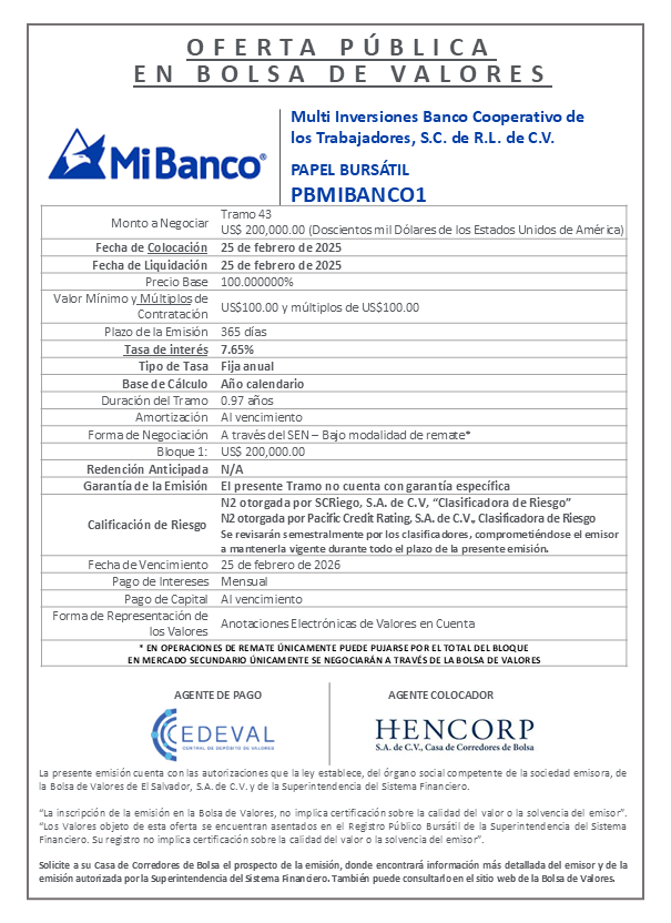 AVISO COLOCACION PBMIBANCO01 T 43