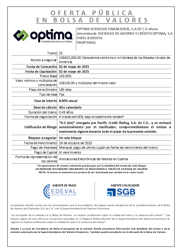 AVISO COLOCACION PBOPTIMA1 T 53
