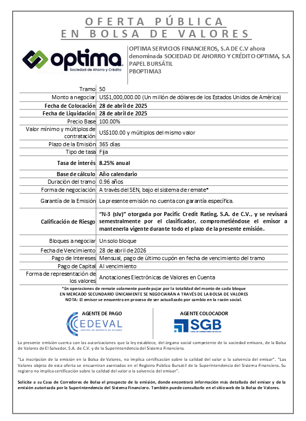 AVISO COLOCACION PBOPTIMA3 T 50