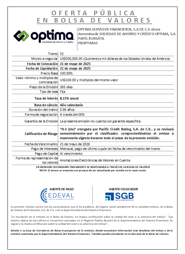 AVISO COLOCACION PBOPTIMA3 T 52