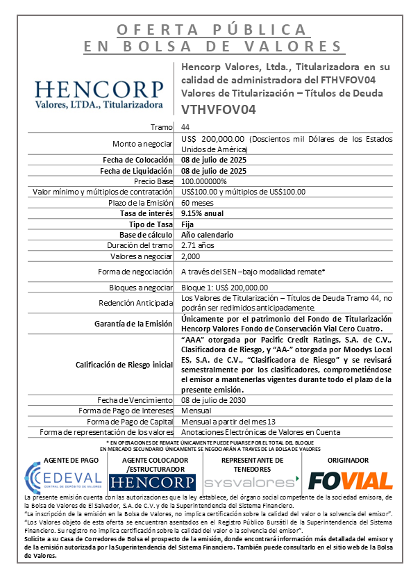 Anuncio de Colocacion VTHVFOV04 Tramo 44