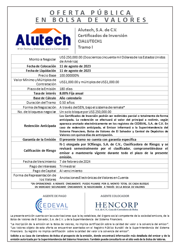 AVISO COLOCACION CIALUTECH1 T I CAMBIO