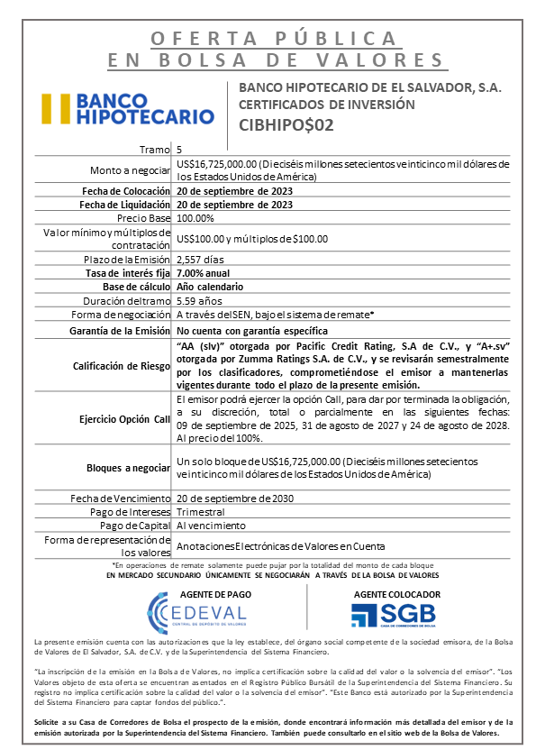 AVISO COLOCACION CIBHIPO02 T 5