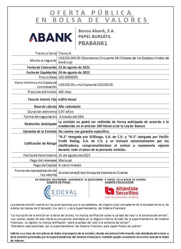 AVISO COLOCACION PBABANK TRAMO 6