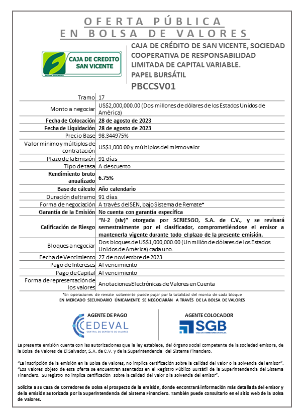 AVISO COLOCACION PBCCSV01 T 17