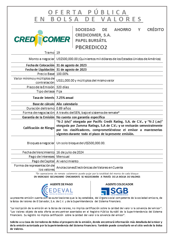 AVISO COLOCACION PBCREDICO2 T 19