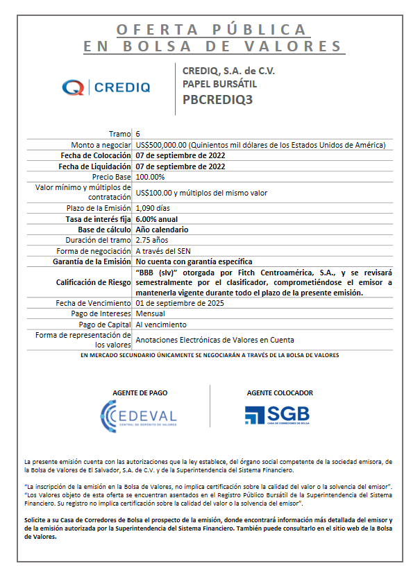 AVISO COLOCACION PBCREDIQ3 T 6