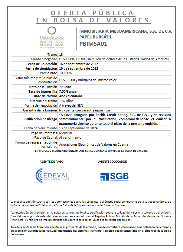 AVISO COLOCACION PBIMSA01 T 18