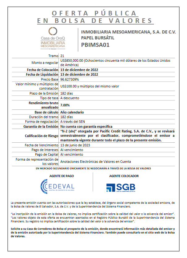 AVISO COLOCACION PBIMSA01 T 21