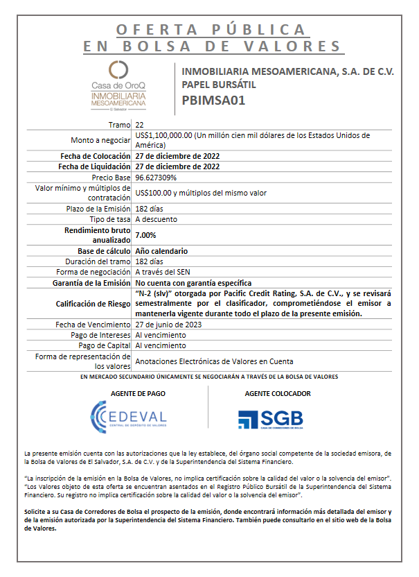 AVISO COLOCACION PBIMSA01 T 22