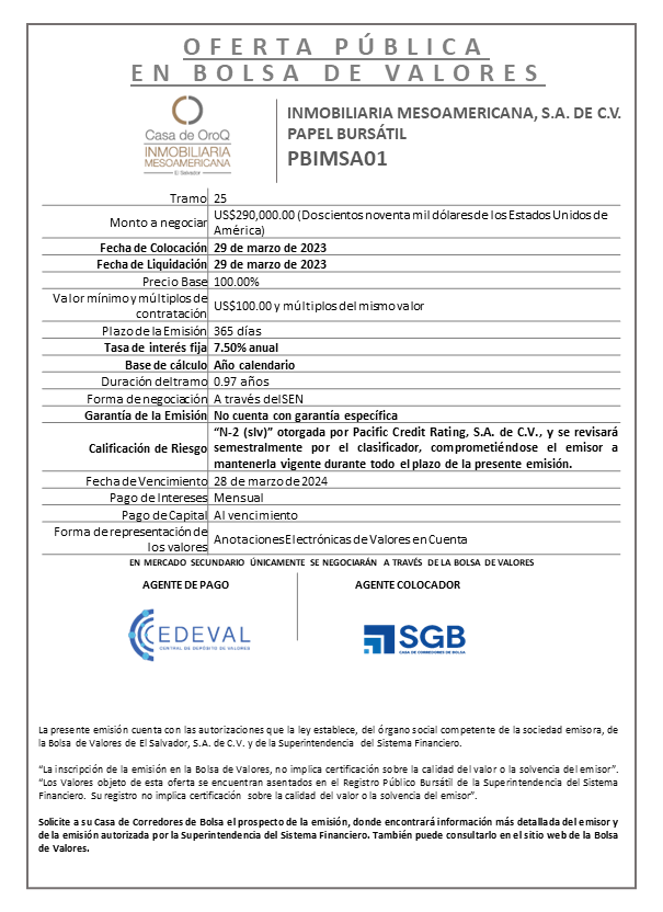 AVISO COLOCACION PBIMSA01 T 25
