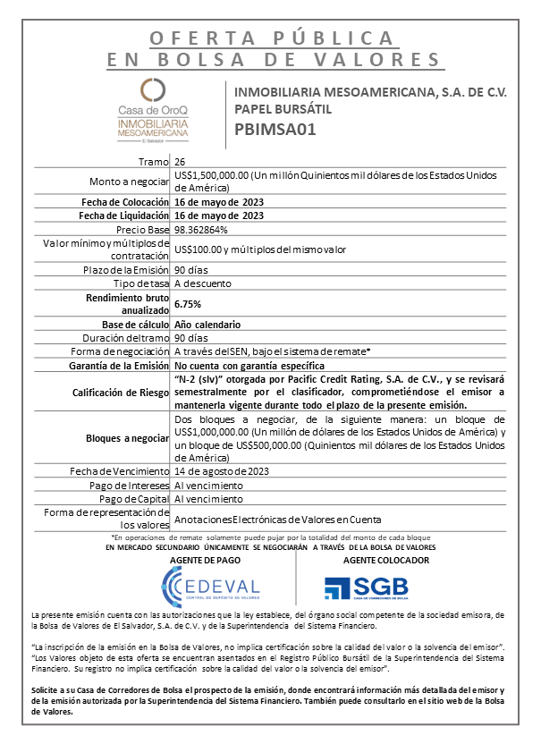 AVISO COLOCACION PBIMSA01 T 26